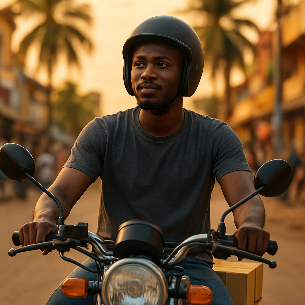 Livreur Django Express à moto dans une rue de Cotonou